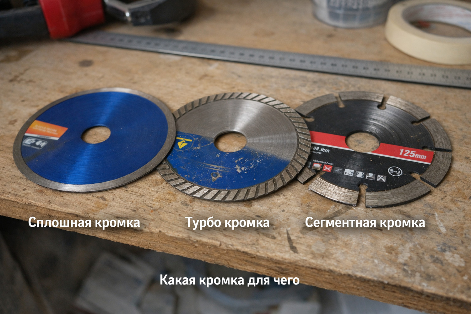 Крупный план трёх типов кромки — сплошная / турбо / сегмент